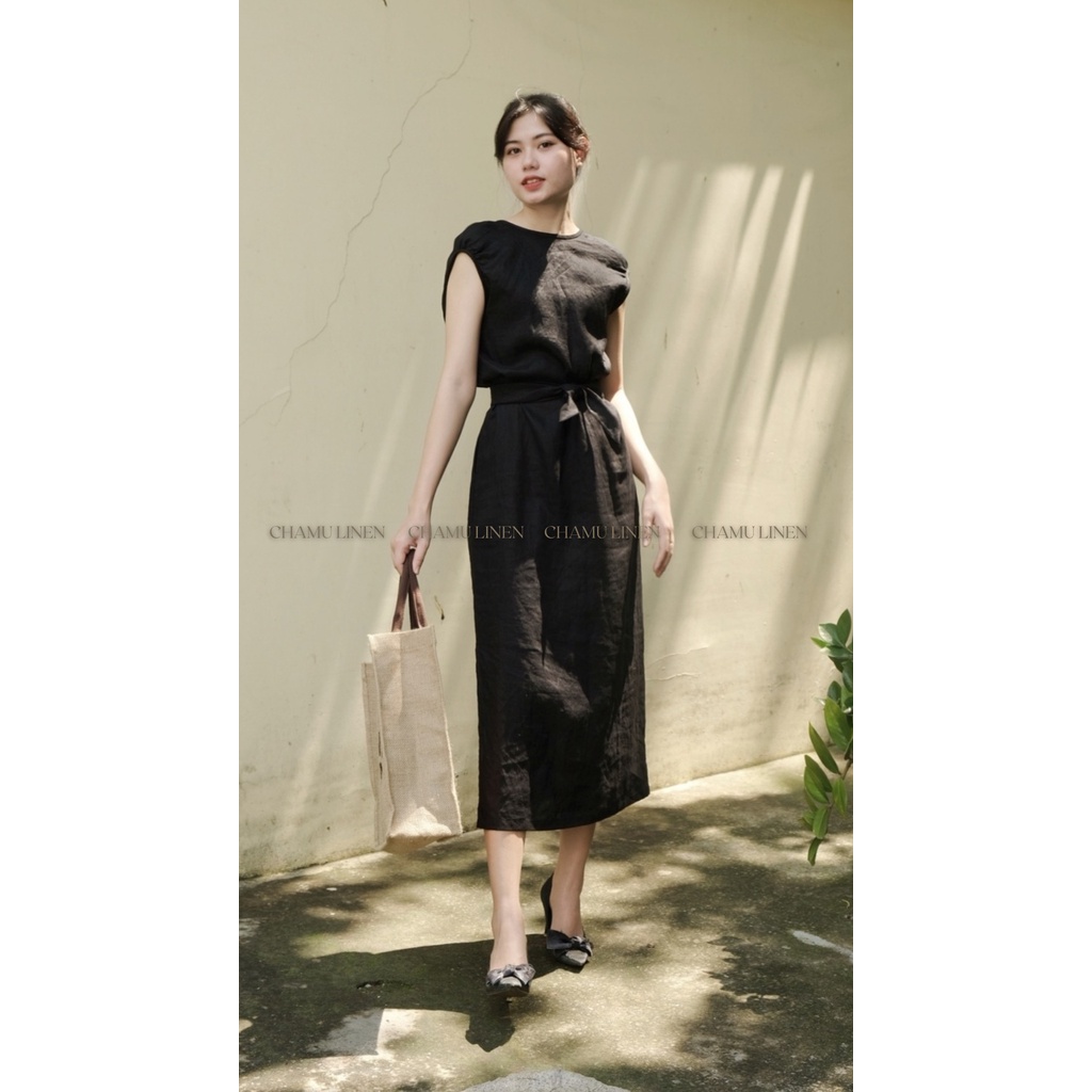 Đầm linen 100%  nơ bản to cách điệu | EMI midi linen dress | CHAMULINEN