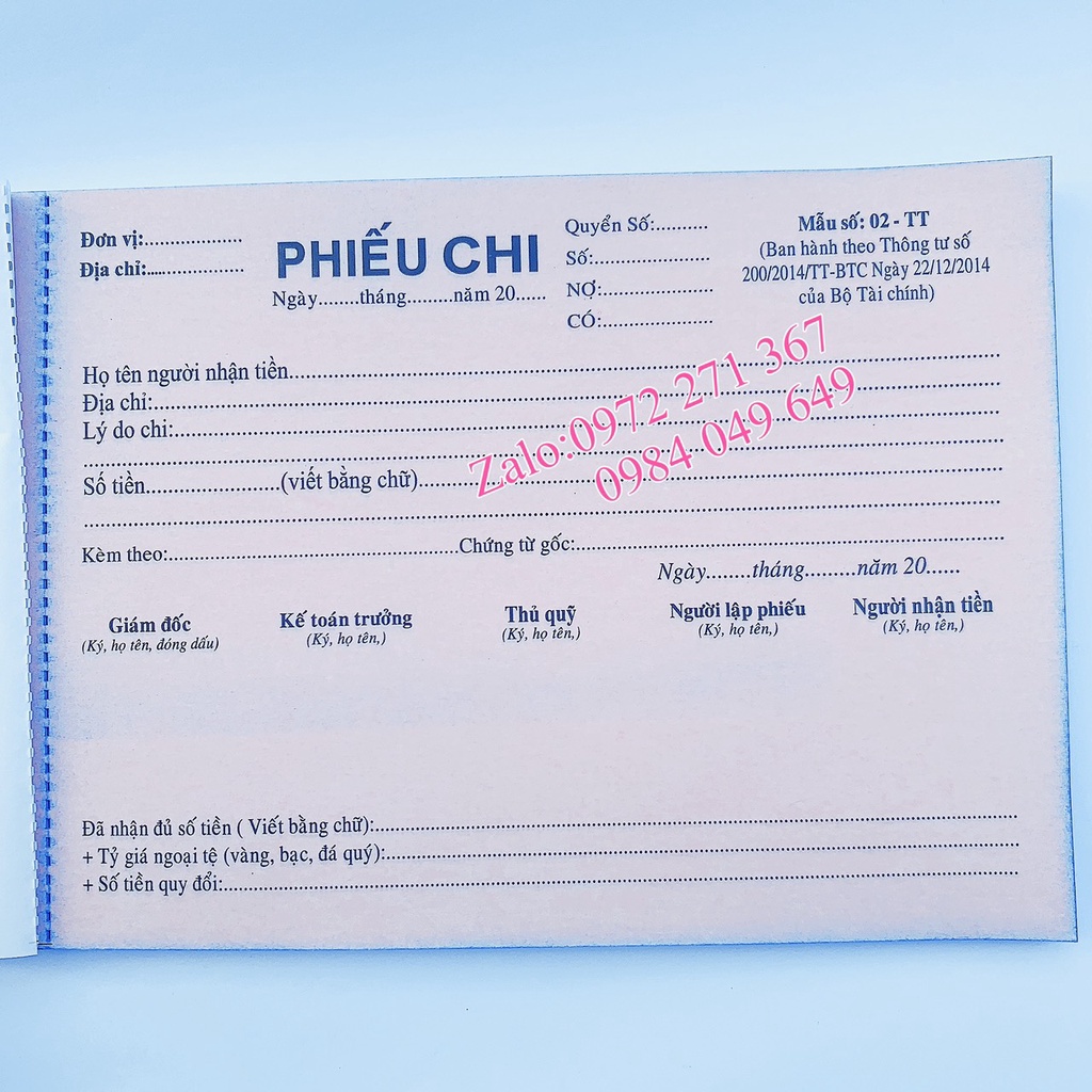 Phiếu thu, Phiếu chi A5 2 liên 60 tờ, 100 tờ