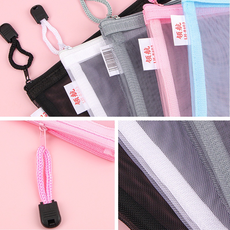 Túi Lưới Đựng Bút Trong Suốt Phối Khóa Kéo Màu Hồng Đáng Yêu Dành Cho Học Sinh Ốp