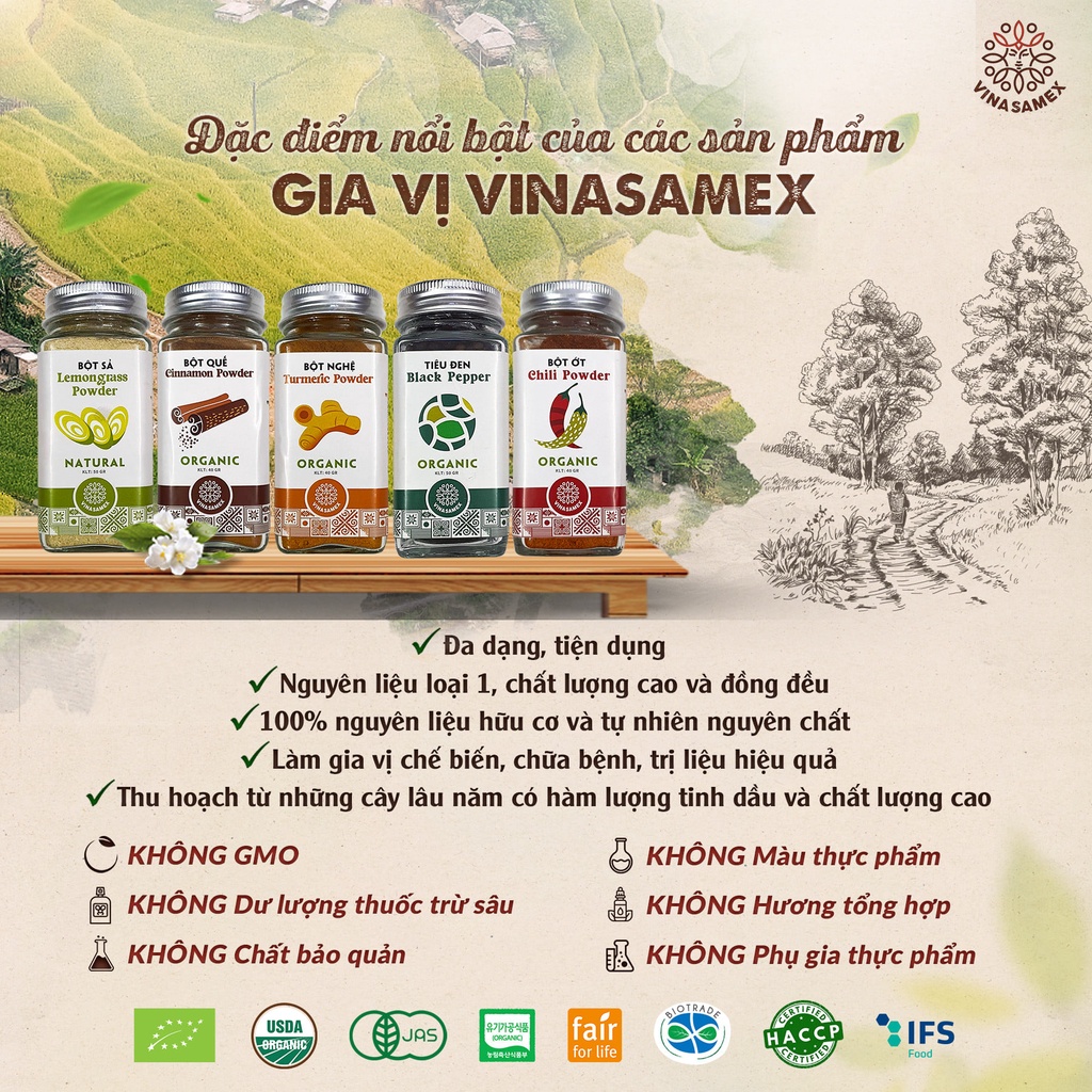 Bột gia vị hữu cơ hành - tỏi - gừng - nghệ - tiêu - ớt - sả - quế - hồi Vinasamex