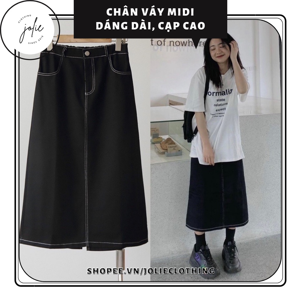 Chân váy jean dáng dài cạp cao, lưng chun, xẻ tà phối chỉ nổi
