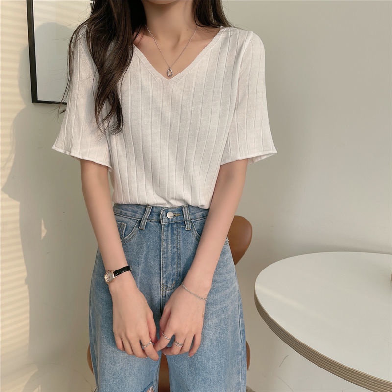 Áo Thun Nữ Ngắn Tay Cổ Chữ V Dáng Rộng Họa Tiết Kẻ Sọc Màu Kẹo Ngọt Thời Trang Cho Áo phông Nữ TX-126