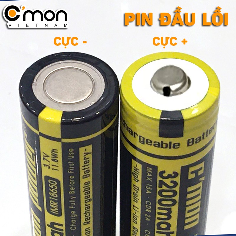 Bộ 2 pin sạc C'MON POWER IMR 18650 3200mAh 15A 3.7V (chuyên dùng đèn pin siêu sáng, V_A_P_E, sạc dự phòng - vàng)