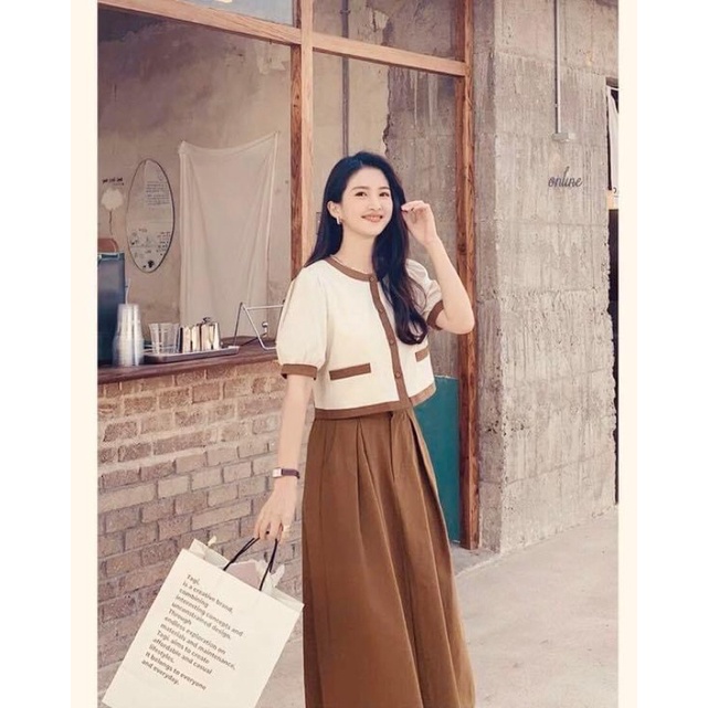 Set áo viền + chân váy li xoè