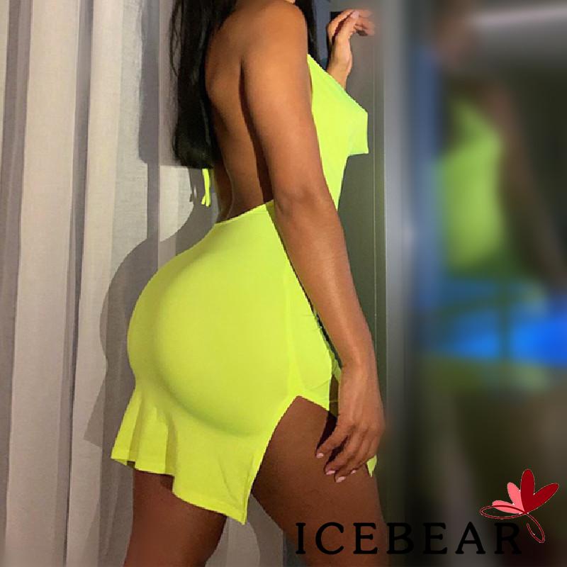 ICE-Women Sexy Close-fitting Dresses Solid Color Deep V-neck Sleeveless Short One-piece