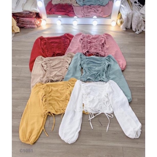Áo kiểu chất voan rút dây 2 bên tay dài_áo croptop [Hàng Đẹp] | BigBuy360 - bigbuy360.vn