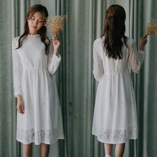 [Sẵn] Set váy ren trắng áo gile len