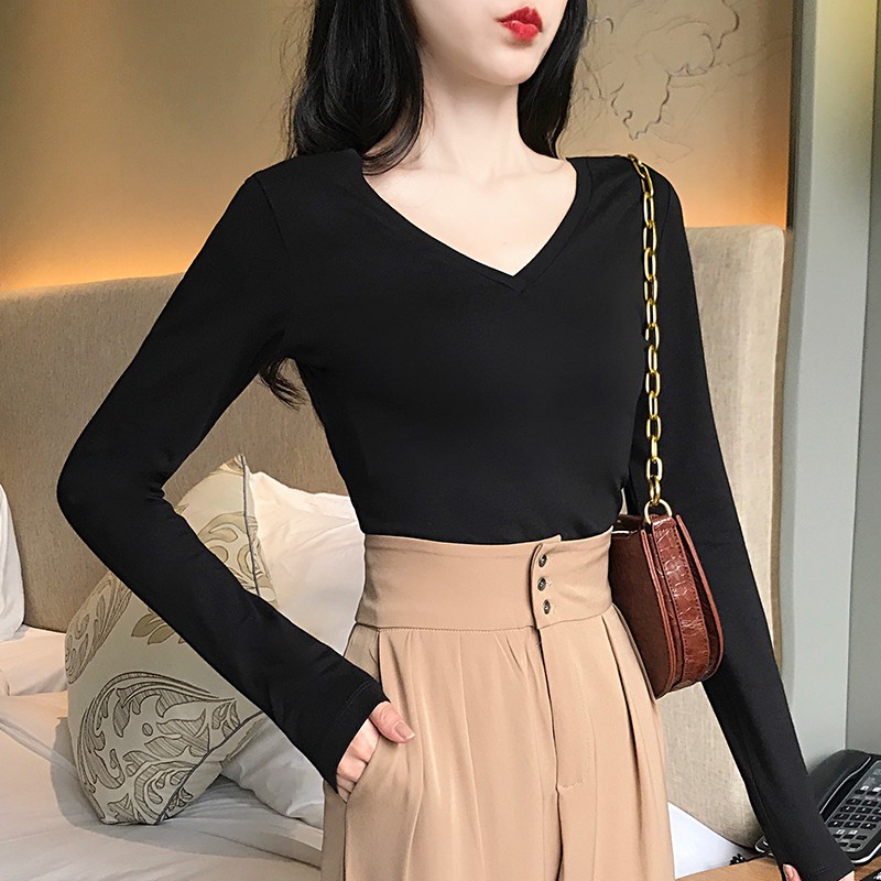 Áo thun nữ trơn tay dài cổ tim ôm Body dáng ngắn