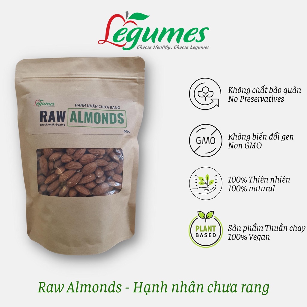 Hạt hạnh nhân Mỹ tươi (chưa rang) - Raw Almond 500g