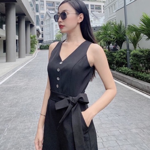 [Mã BMINC50 giảm 50K đơn 150K] Jumsuit Ống Xuông Cổ V Sát Nách CQA Boutique CQA0021 Màu Đen Chất Liệu Laguna Quyền Lực