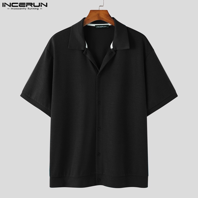 Áo sơ mi INCERUN tay ngắn màu trơn cài nút thời trang lịch lãm cho nam