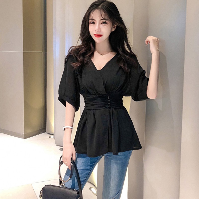 Áo kiểu chất chiffon tay ngắn cổ chữ V thiết kế màu trơn thanh lịch