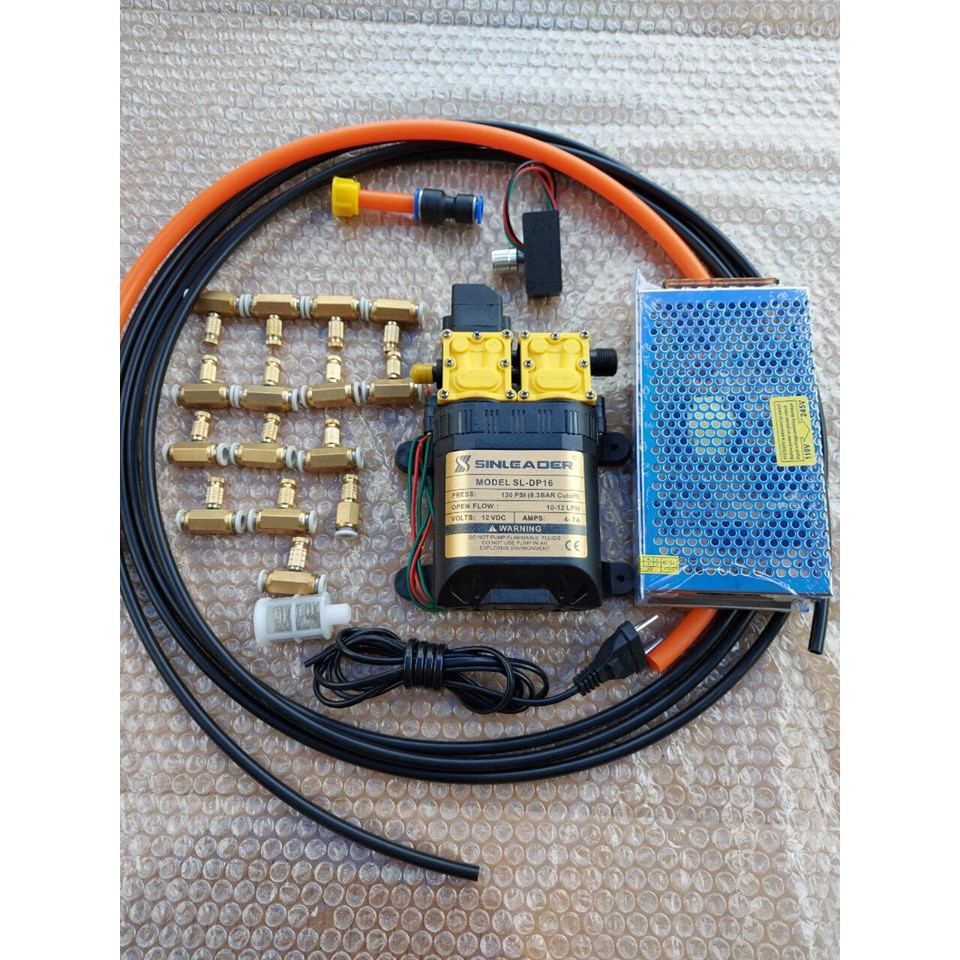 Bộ phun sương SINLEADER đôi kèm nguồn 12v-10a. Điều tốc 12v. 15 béc đồng. 25m dây 8mm