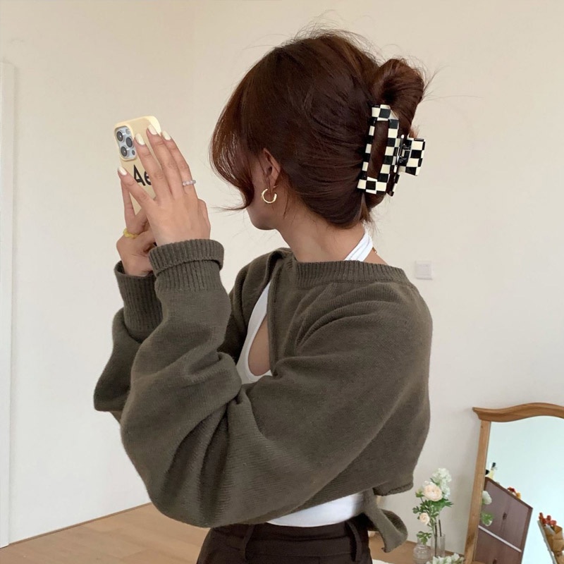 Kẹp tóc acrylic họa tiết sọc caro trắng đen thời trang hàn quốc