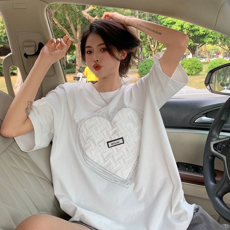 Áo Thun Tay Ngắn Dáng Rộng Đính Đá Thiết Kế Mới Thời Trang Dành Cho Nữ