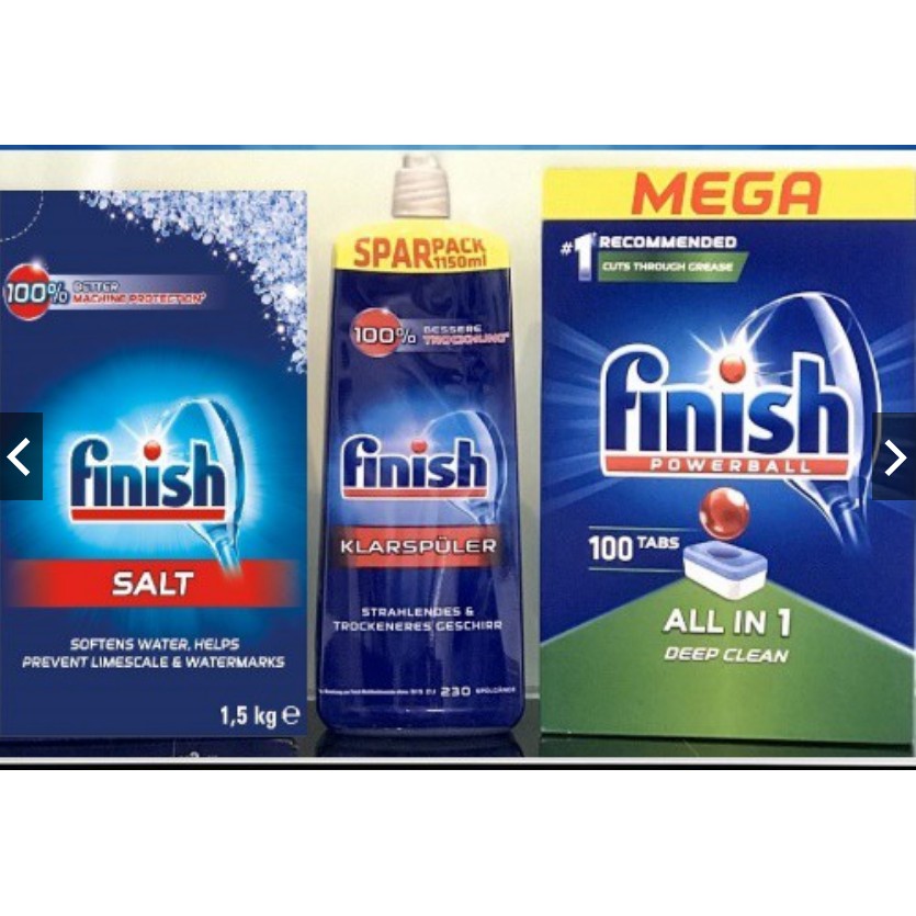 Combo 100 Viên finish all in 1+1150ml Bóng finish+1.5kg muối rửa bát finish dùng cho Máy rửa bát