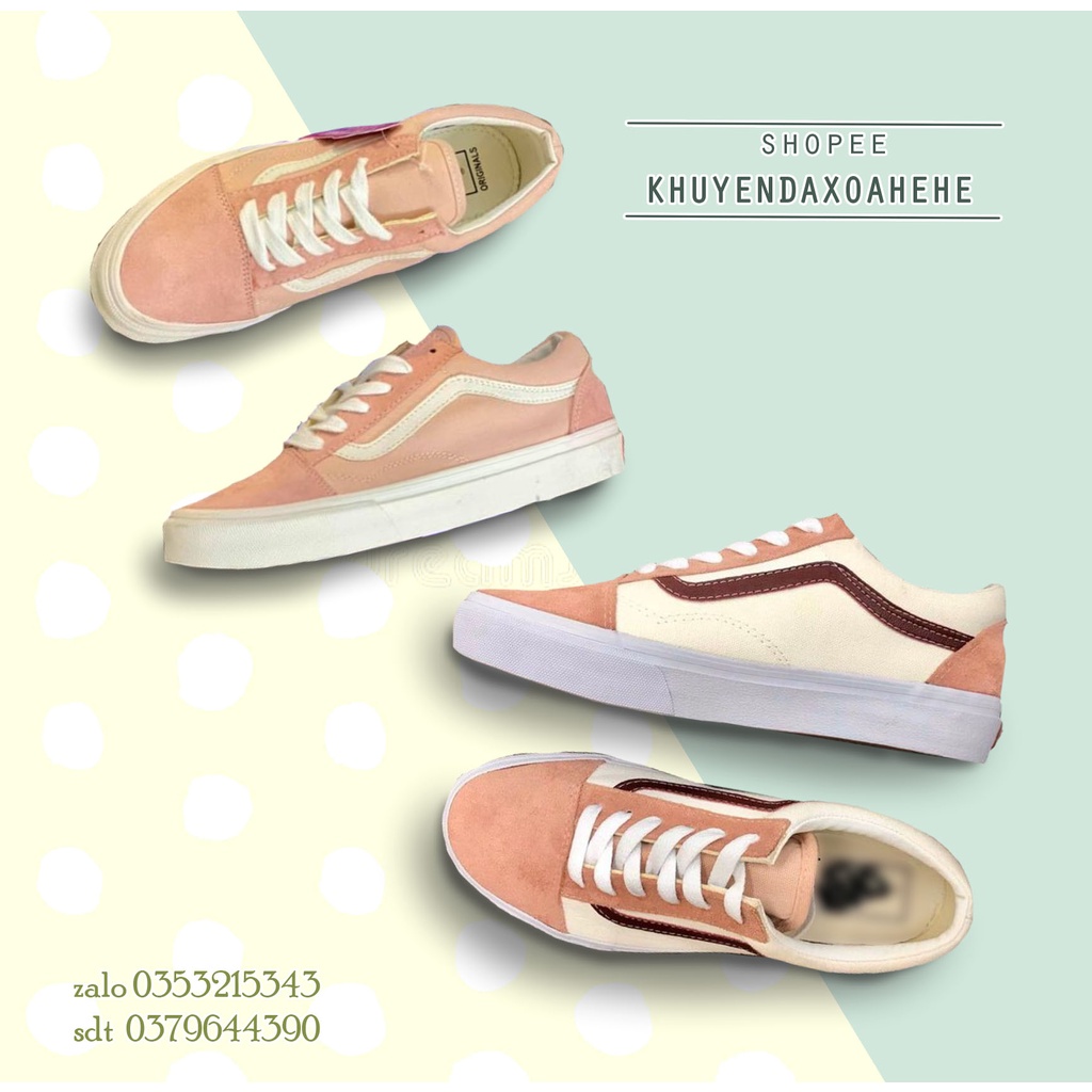 ( size 36 - 39 ) Giày thể thao V old skool trắng hồng các mẫu, thân vải canvas, mũi và gót da lộn