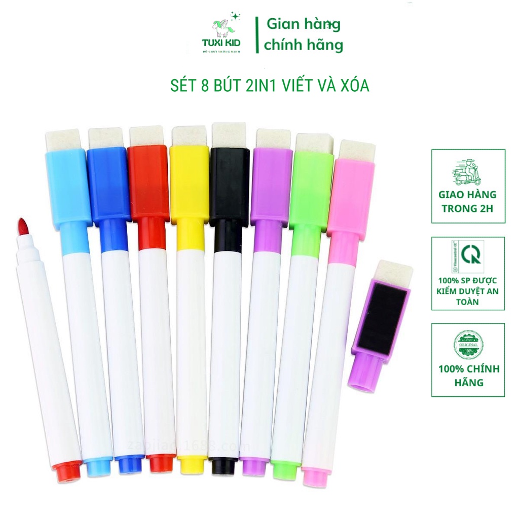 Combo 8 Bút lông viết bảng, bút lông ngòi nhỏ tập viết xoá được-kèm đầu xoá tiện lợi 2IN1