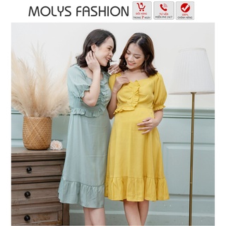 Đầm bầu công sở cho con bú, vắt sữa sau sinh MOLYS M2281 tay lỡ, cổ vuông phối bèo, dáng suông đuôi cá đủ size đến 80kg