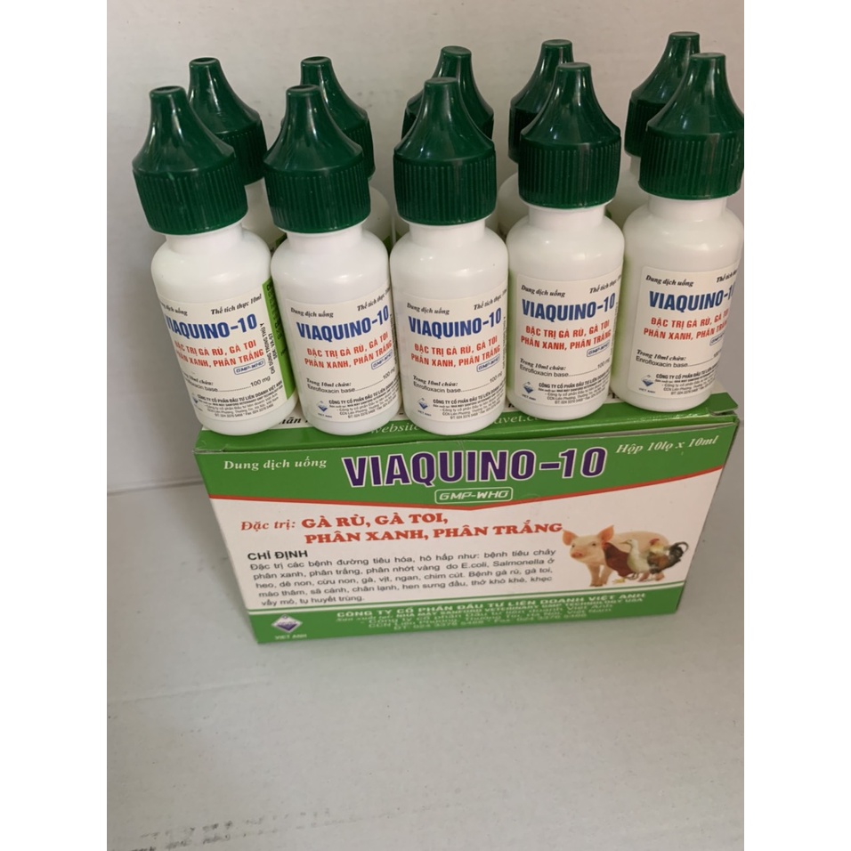 10 Lọ 10ML Viaquino 10 Gà Rù, Gà Toi, Phân Xanh, Phân Trắng - Dùng Tốt Cho Gà, Vịt, Ngan, Chim Cút, Heo, Cừu, Dê Non