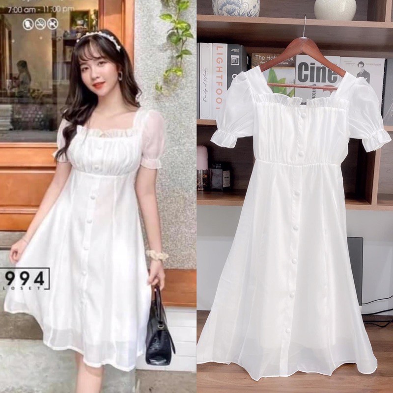 Váy - đầm voan cúc bọc viền bèo xếp li ngực tiểu thư