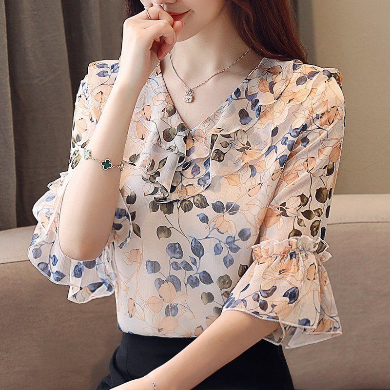 Áo Sơ Mi Chiffon Tay Ngắn Phối Bèo Nhún In Hoa Thời Trang Mùa Hè Hàng Mới Dành Cho Bạn Nữ S2021