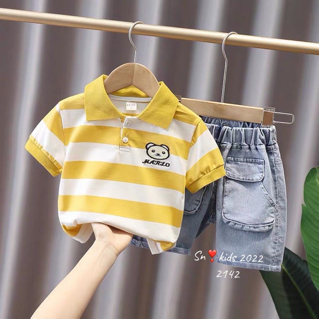 Bộ quần áo cộc tay bé trai, Sét áo polo kẻ to họa tiết gấu MARIO kèm quần bò ngố cho bé size 10-32kg