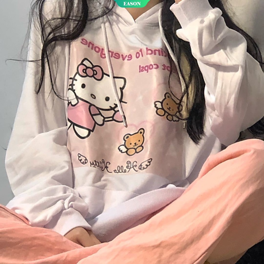 Áo Sweater Dáng Rộng In Hoạt Hình Sanrio Hello Kitty Đáng Yêu Thời Trang Thu Đông Dành Cho Nữ