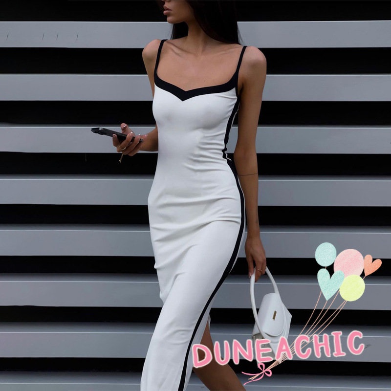 DUNEA Đầm hai dây xẻ tà màu tương phản thời trang dành cho nữ