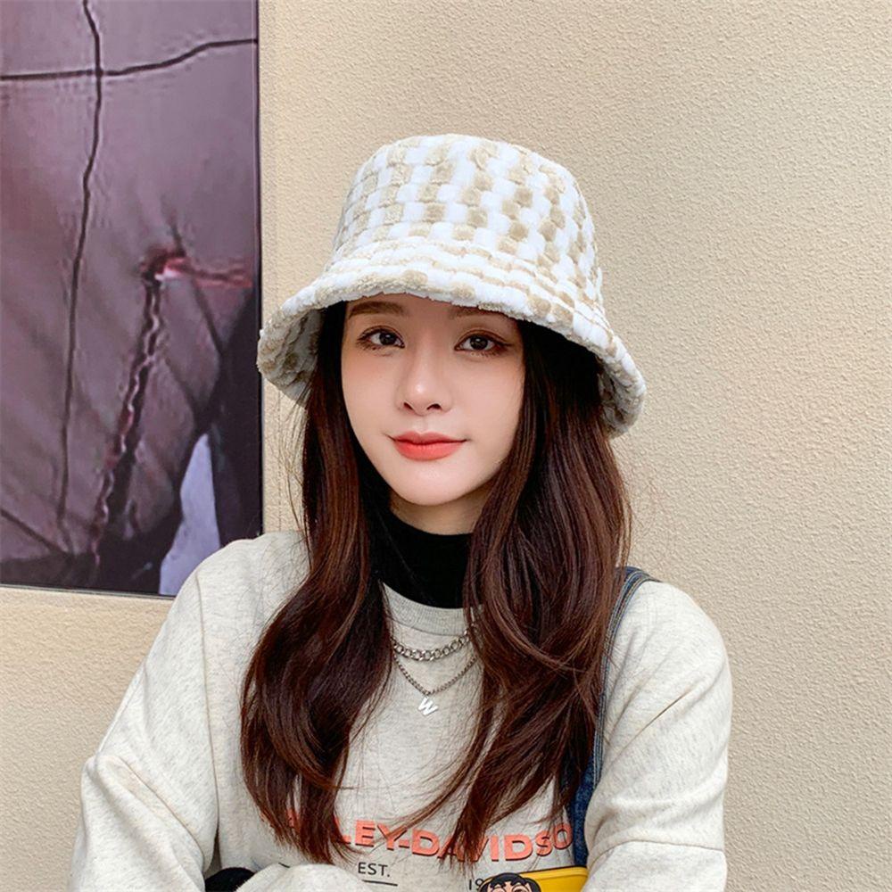 QQMALL Mũ Bucket Len Cừu Kẻ Sọc Caro Xinh Xắn Cho Nữ