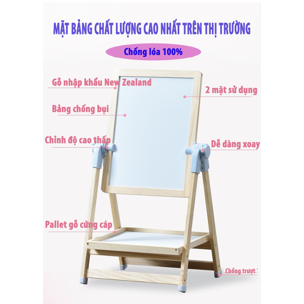 Bảng flipchart 2 mặt cho bé tập vẽ, đồ chơi giáo dục cơ bản, khung gỗ sồi nhập khẩu từ New Zealand sang trọng