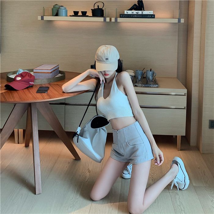 Quần Short Denim Lưng Cao Ống Rộng Phối Khóa Kéo Phong Cách Hong Kong Thời Trang Mùa Hè 2022