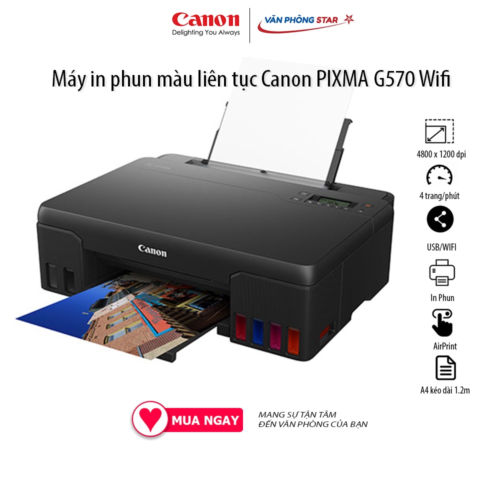 [Free ship] Máy in phun màu liên tục Canon PIXMA G570 Wifi độ phân giải 4800 x 1200 tốc độ 4 trang/phút Vanphongstar