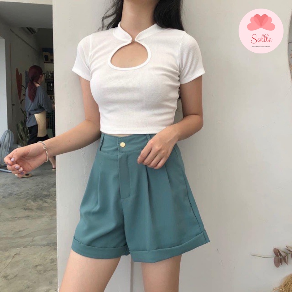 Quần short đùi nữ cạp cao ống rộng gập gấu nhiều màu Ulzzang Hàn Quốc Sollle QSV002
