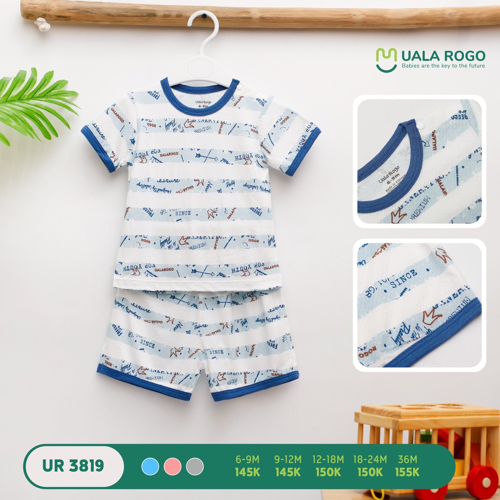 UR3819 Bộ cộc cài vai cotton Uala Rogo kẻ in chữ (6-36M)