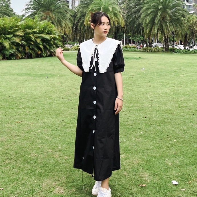 (HÀNG SẴN) Váy suông dáng dài, cổ áo cách điệu, phong cách Ulzzang Hàn Quốc