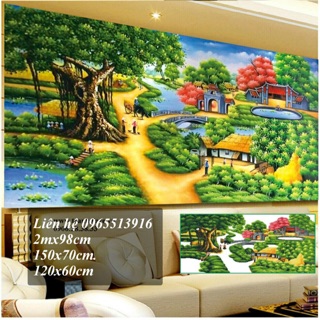 Tranh đính đá phong cảnh làng quê tuyệt đẹp 120x60cm