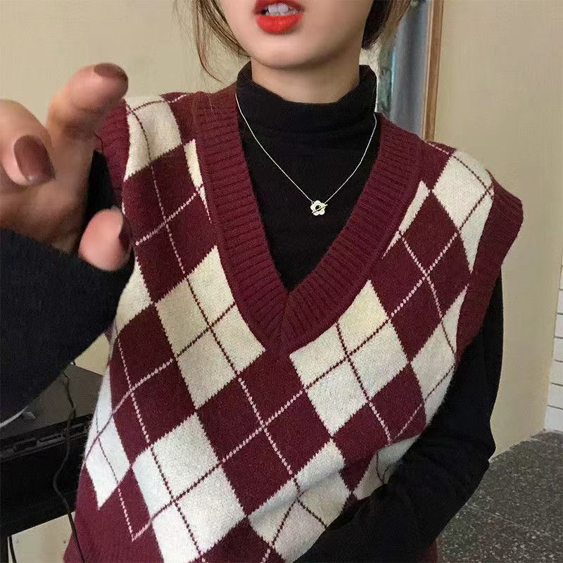 Áo Sweater dệt kim không tay cổ chữ V họa tiết sọc caro thời trang mùa xuân 2021 cho nữ