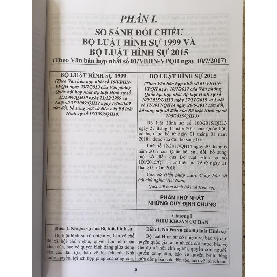 Sách - So sánh đối chiếu bộ luật hình sự 1999, 2015 và Bộ luật hình sự sửa đồi, bổ sung 2017
