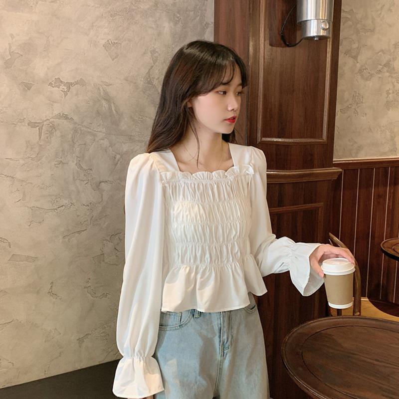 Áo Kiểu Nữ Korean Fashion new Blouse Square Collar Pleated Short Top White Long Sleeve Shirt