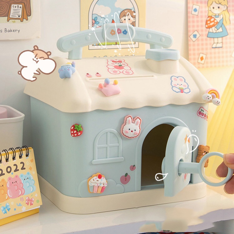 Két Sắt Mini Có Khóa Đựng Tiền Hình Ngôi Nhà Dễ Thương, Để Trang Trí Bàn Học, Bàn Làm Việc