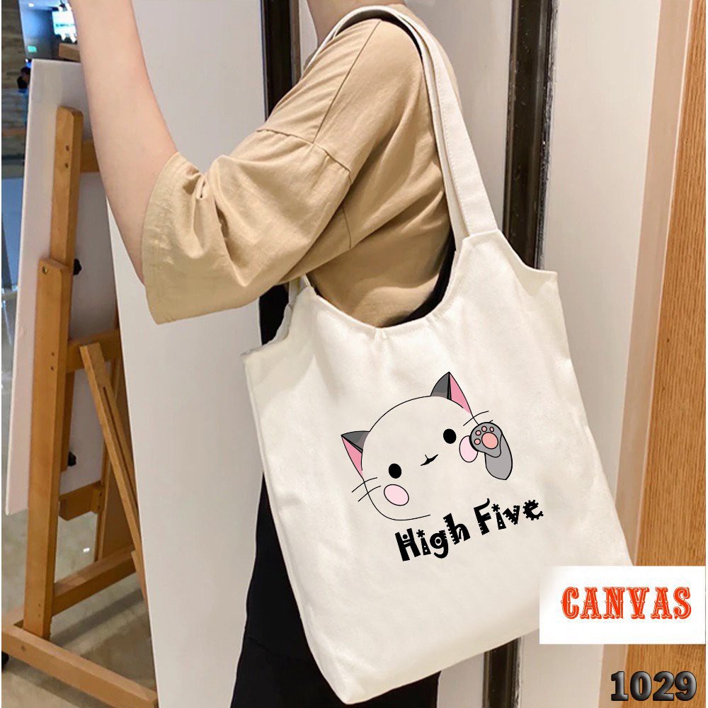 Túi Tote Trắng Vải Canvas Trắng Phong Cách Hàn Quốc 508 1029 High Five Dễ Thương Đeo Đi Học Cực Xinh