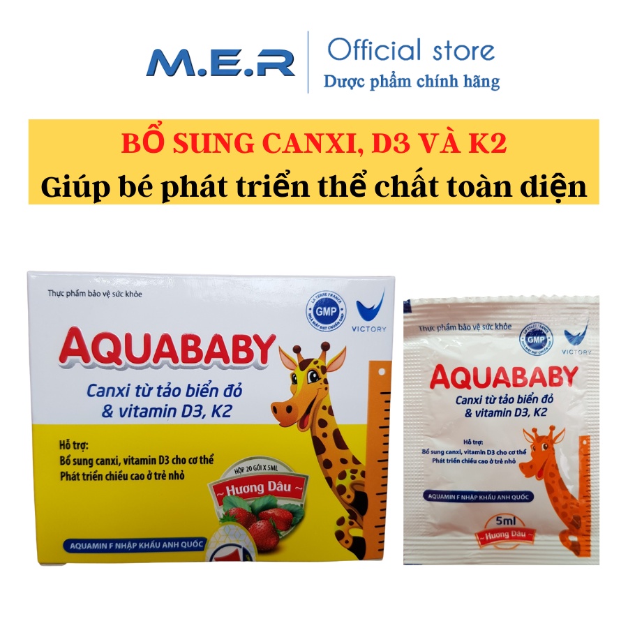 Siro Canxi từ Tảo  Aquababy Cho Bé phát triển chiều cao và thể chất - Hộp 20 gói x 5ml - Aquamin F nhập khẩu Anh Quốc