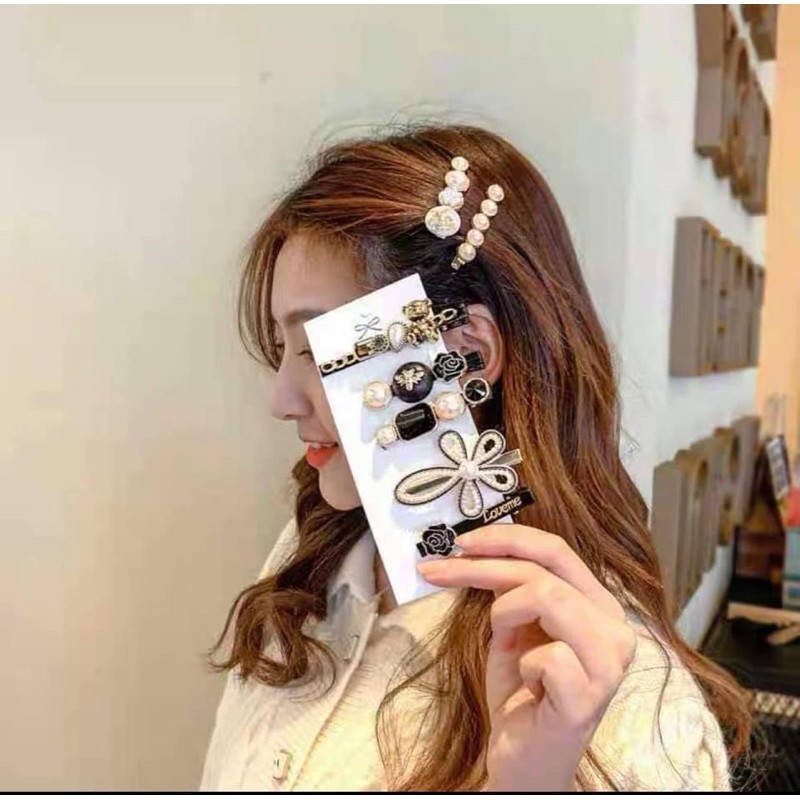 Set 5 kẹp tóc mái Hàn Quốc đính đá màu đen tiểu thư sang chảnh KT5