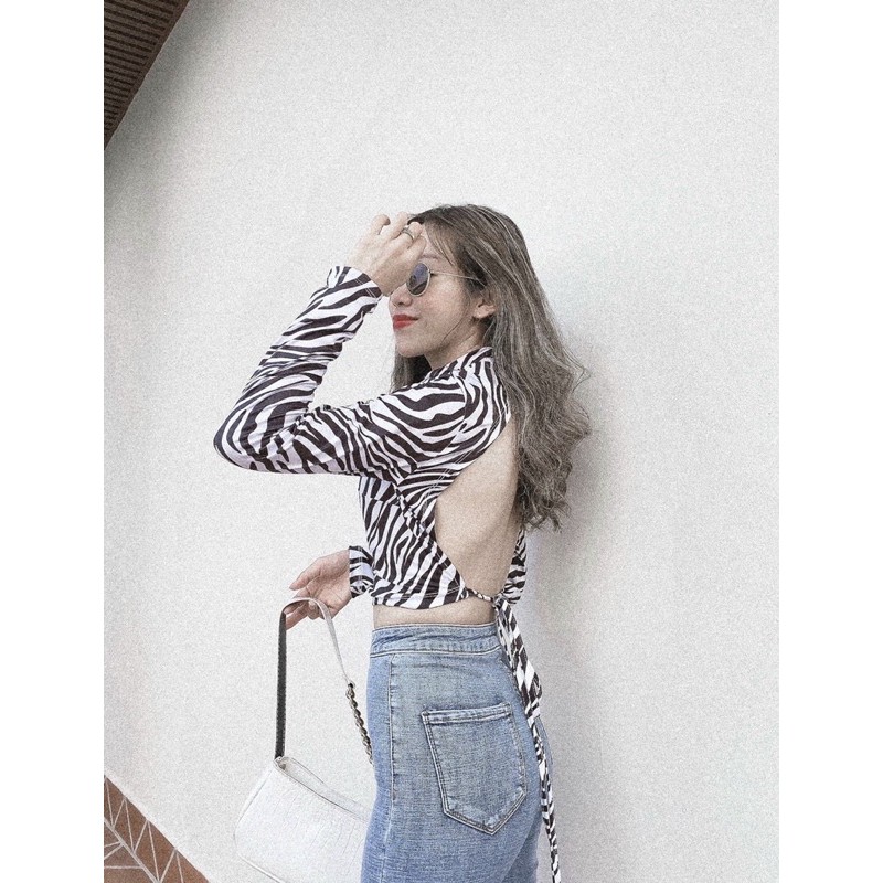 ÁO CROPTOP BEO NGỰA VẰN HỞ LƯNG ĐAN DÂY CỘT NƠ EO TAY DÀI KÈM ẢNH THẬT