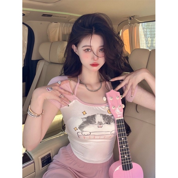 Áo croptop GB MÈO ĐÊM tay ngắn cổ vuông hình in siêu cute dễ thương cho Nữ - alohashop91