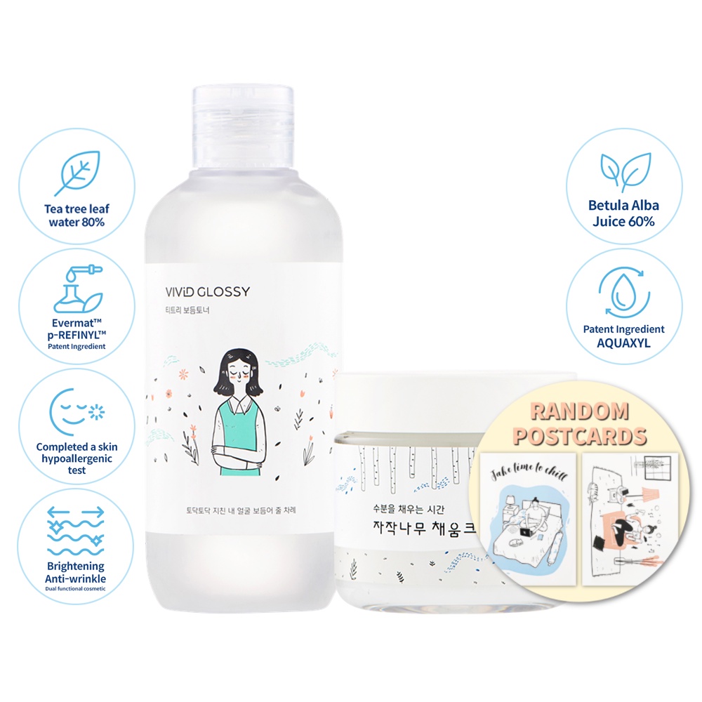 Nước cân bằng da & Kem dưỡng ẩm VIVID GLOSSY  Tea Tree Calming & Moisture Toner 210ml & Birch Tree Moisture Cream 80ml