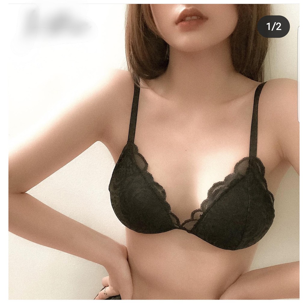 Bộ đồ lót ren Bralette màu đen đơn giản có mút mỏng, cực quyến rũ, hình thật shop tự chụp BRAHY 051