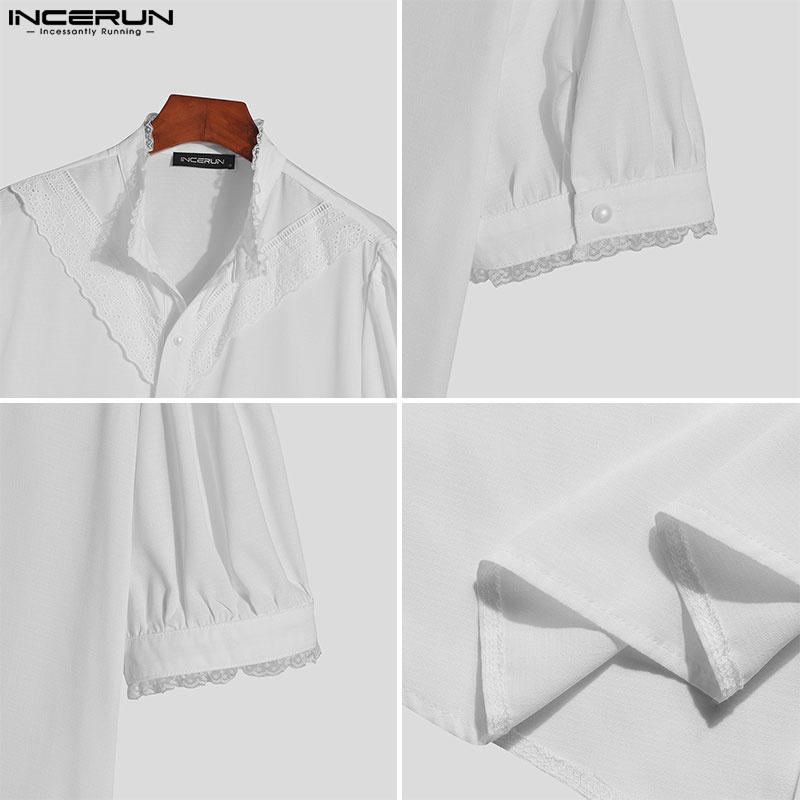 INCERUN Áo Sơ Mi Trắng Tay Ngắn Phồng Phối Nút Thời Trang Cho Nam