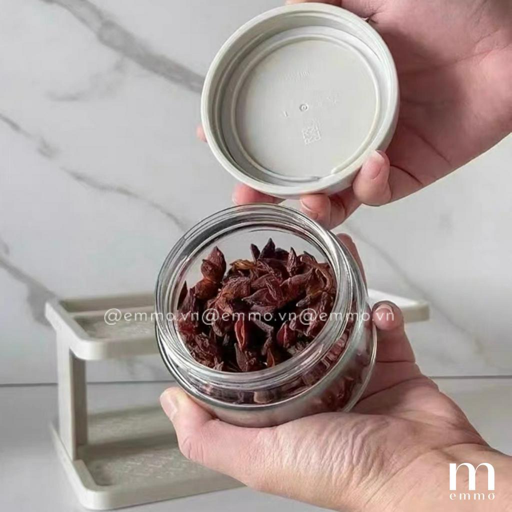 BỘ HỦ ĐỰNG GIA VỊ, CHAI ĐỰNG GIA VỊ KÈM KỆ THỦY TINH CAO CẤP EMMO BLISSFUL